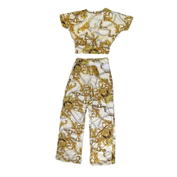 Plunging Neckline Crop Top & Pants Outfit White and Gold Baroque Print Slim-Fit - Picture 1 of 9